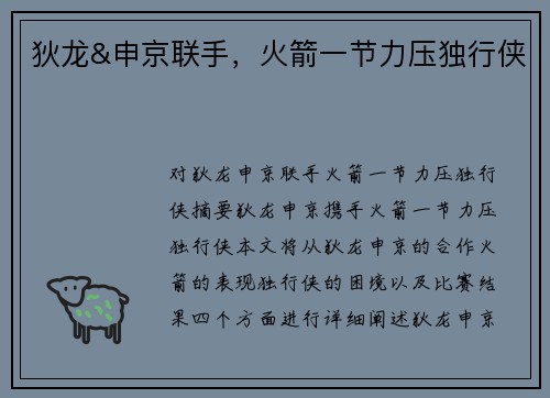 狄龙&申京联手，火箭一节力压独行侠